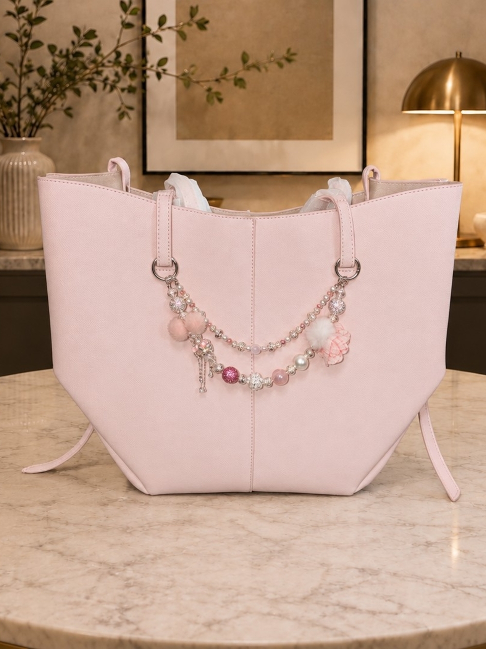 Brand New - Blush Pink Luxury Medium Tote w Matching Pouch & Beaded Charm